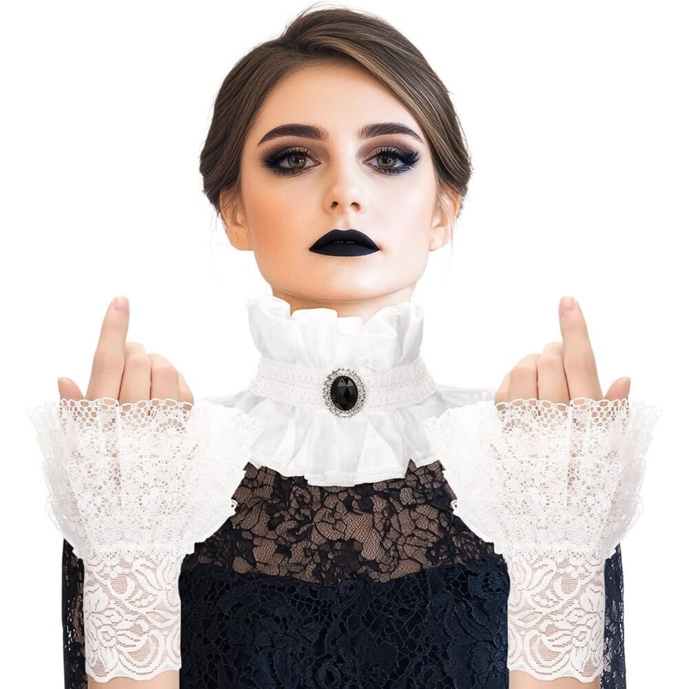 Gothic Ruffle Collar and Lace Gloves Set for Victorian Vampire Halloween